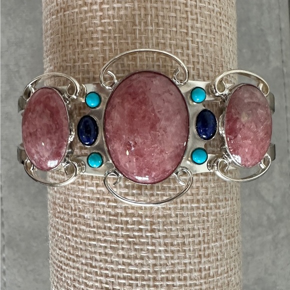 Rhodochrosite with small turquoise & lapis accents sterling silver cuff - Picture 2 of 10